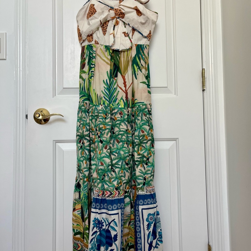 FARM Rio Tropical Print Midi Dress - ivory Green and Blue